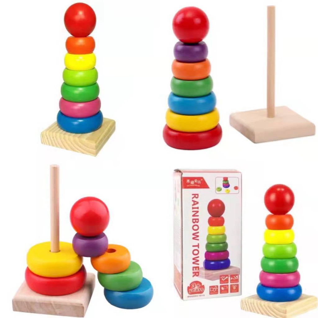 Wooden Rainbow Tower Column Tower of Hanoi Three Column Tower 3 Designs Montessori Toys
